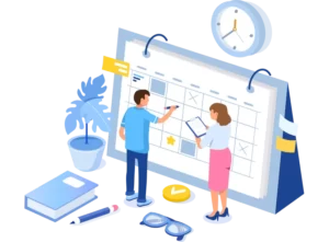 cartoon of small people filling out a calendar